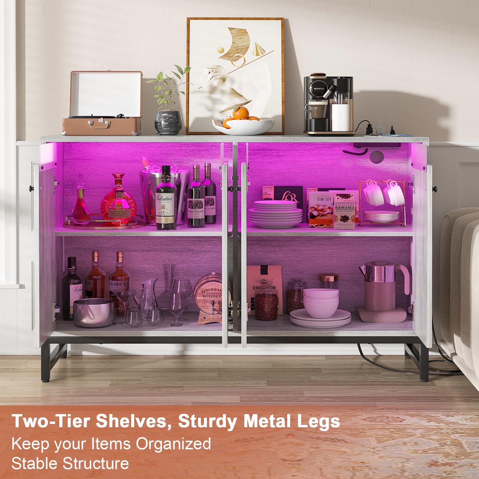 Aheaplus Modern Sideboard Buffet Cabinet with Built-in Power Outlet & LED Lighting - Kitchen Storage Cabinet with Doors - White Oak Accent Cupboard for Dining Room, Living Room, Hallway - Perfect for Entertaining Guests & Stylish Home Organization