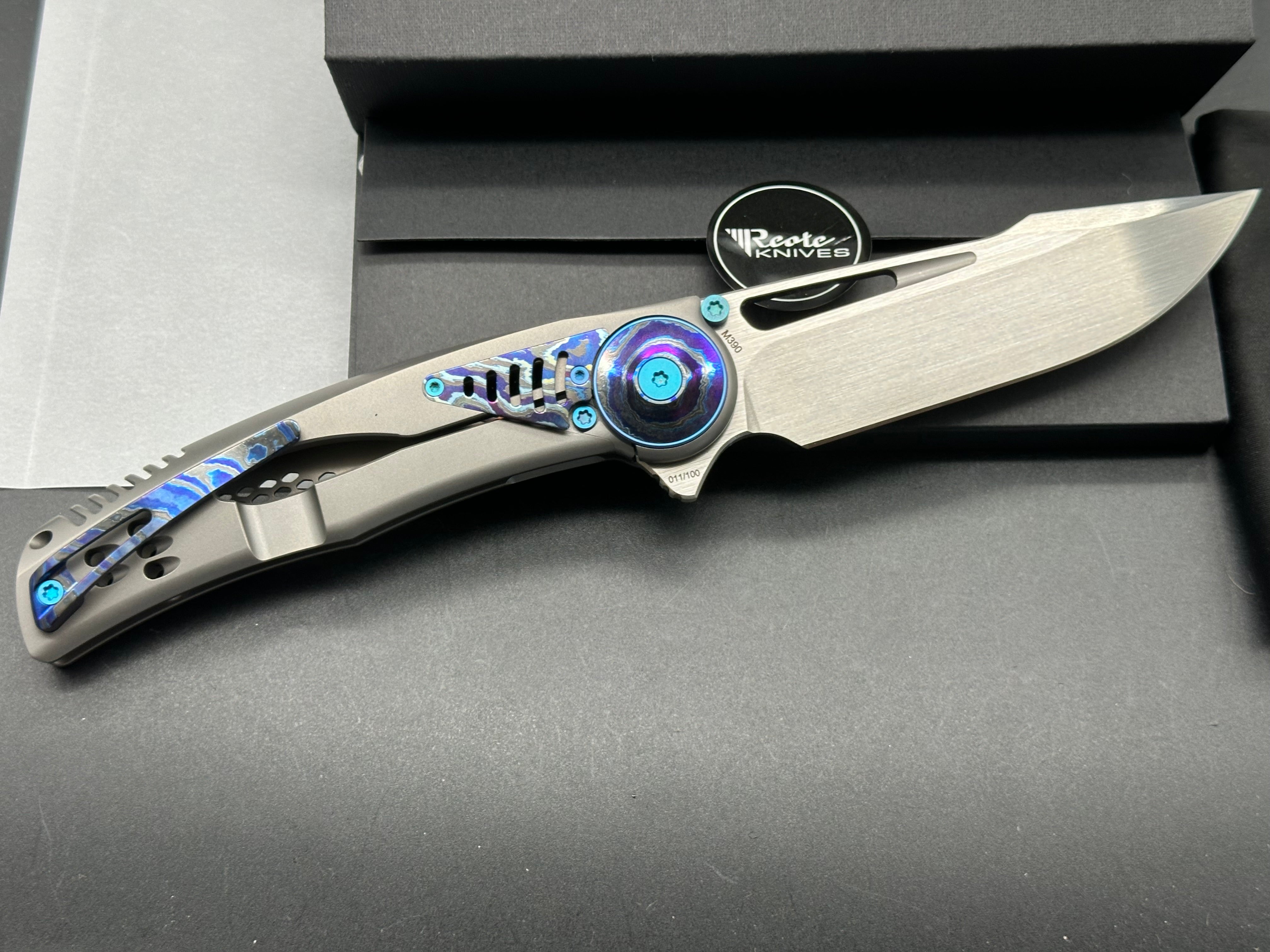 Reate Knives & Alvin Lee GTR - Grey Milled Integral Titanium Handle with Zirconium Inlays & Blue Anodized Accents - Premium EDC Folding Knife for Outdoor, Camping & Everyday Carry