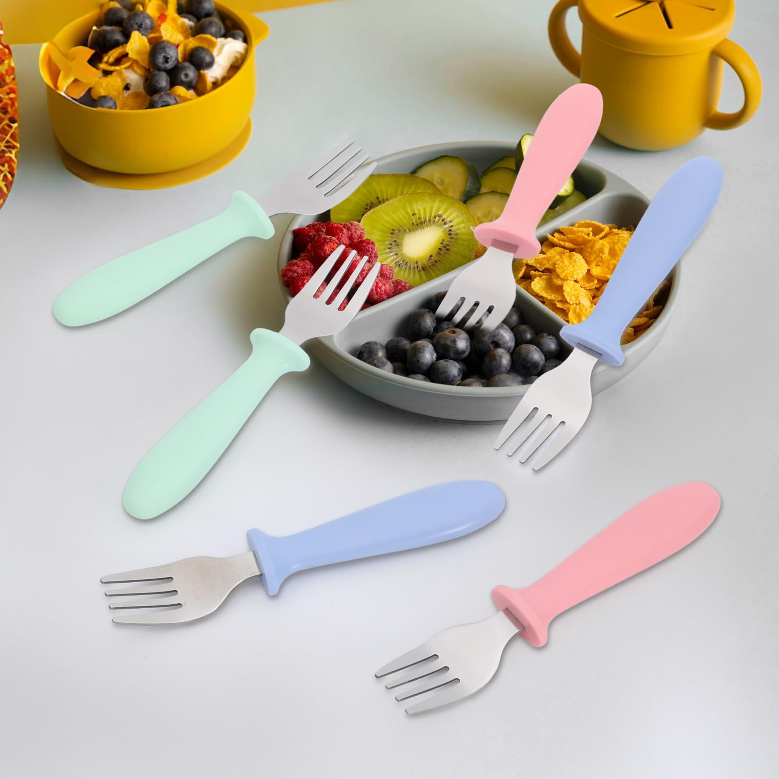 Pimoys 6-Piece Toddler Forks Set - Stainless Steel Baby Forks with Plastic Handle for Self Feeding, Safe Kids Silverware Utensils | Dishwasher Safe | Perfect for Home, Daycare & Travel Meals