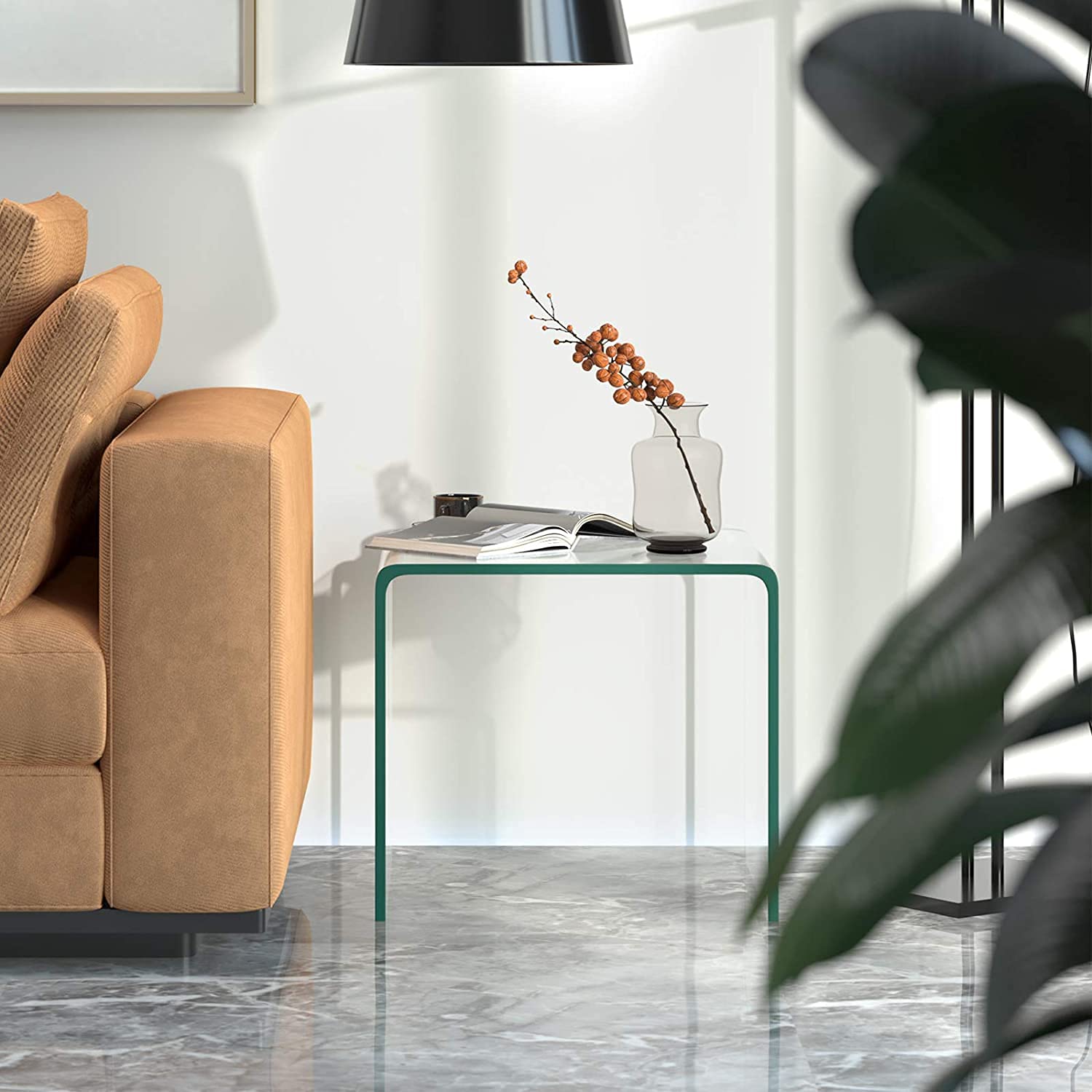 Premium U-Shaped Tempered Glass End Table - Clear Modern Coffee & Snack Table with Rounded Corners & Non-Slip Foot Pads - Perfect for Living Room, Bedroom, Office - Ideal for Sofa Side, Bedside & Small Space Decor