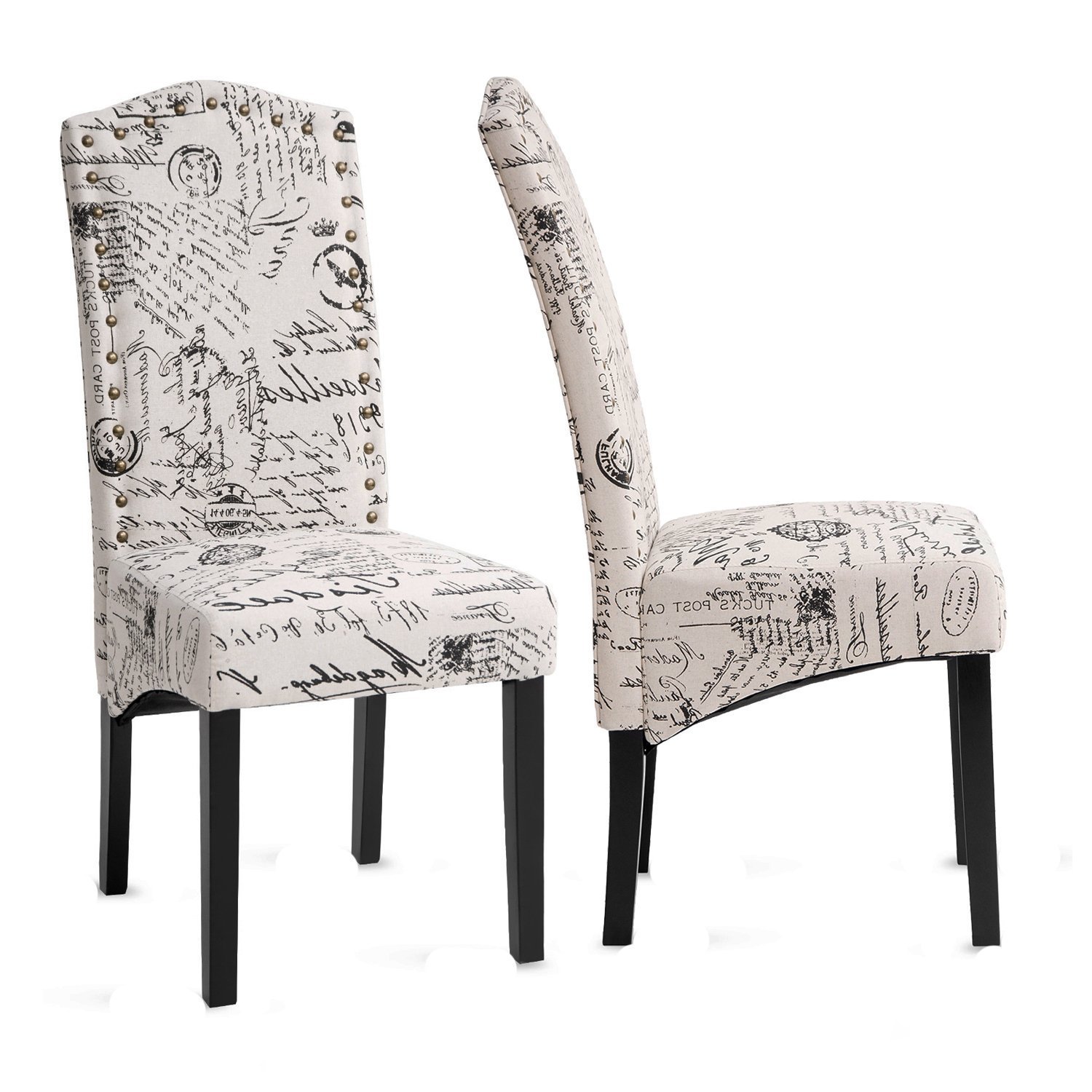 Script Fabric Accent Chair with Solid Wood Legs - Beige Dining Room Chairs (Set of 2) for Living Room, Bedroom & Home Office Decor
