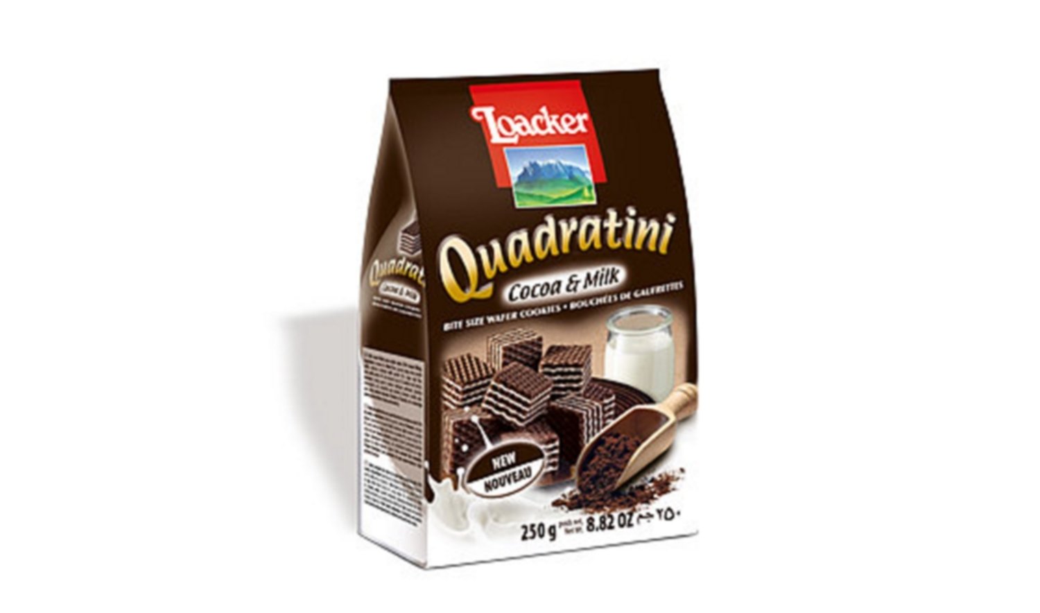 Loacker Waffles Quadratini Cacao & Milk 250g - Crunchy Italian Wafer Cookies for Snacking, Desserts & Coffee Pairing