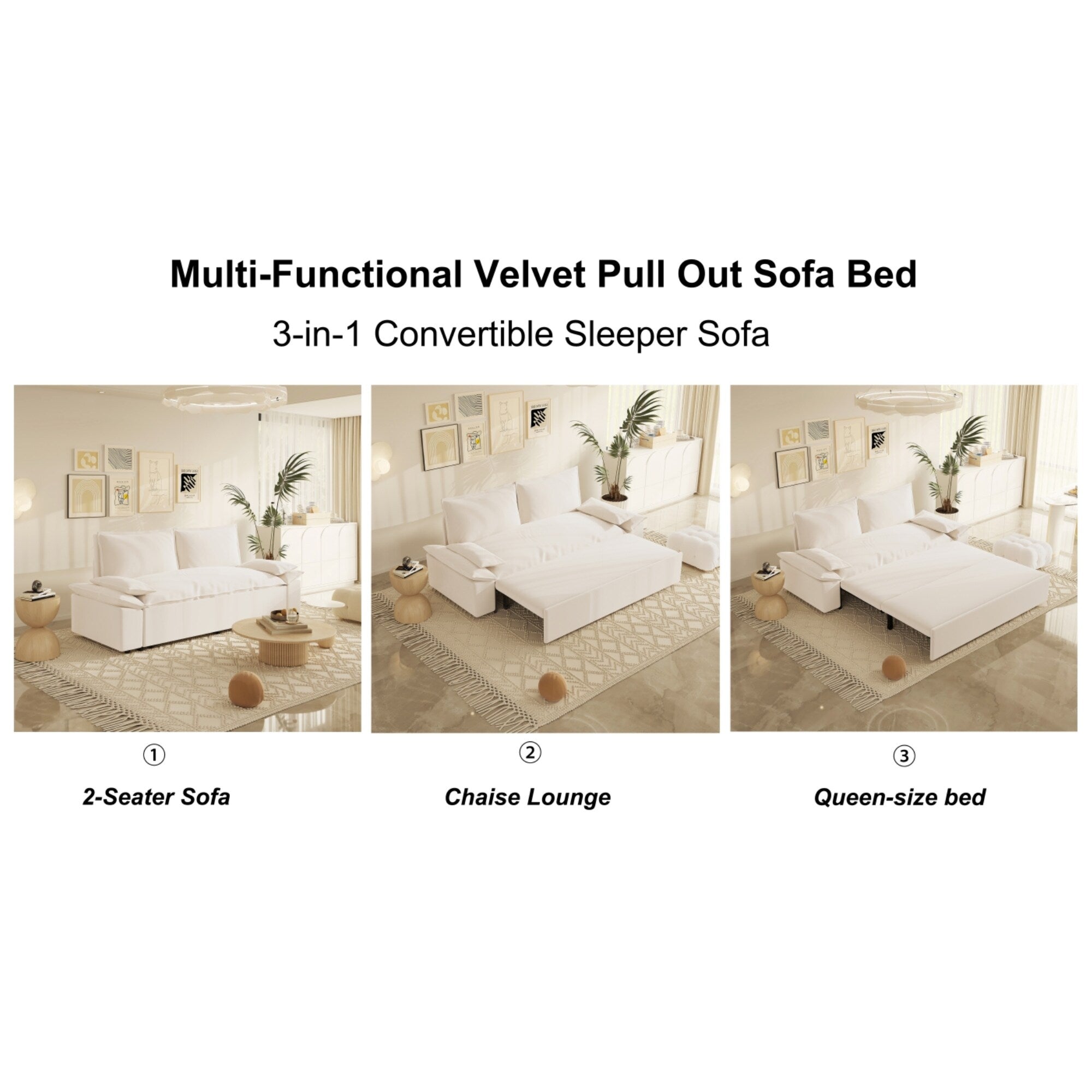 3 in 1 Convertible Sleeper Sofa Bed - Queen Size Pull Out Couch with Velvet Upholstery & Pillows - Space Saving Furniture for Small Apartments, Guest Rooms & Home Offices