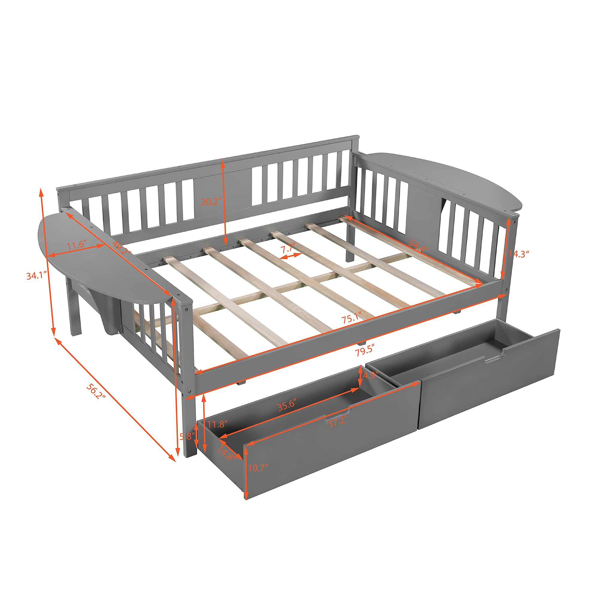 **Solid Wood Daybed with 2 Folding Tables & 2 Drawers - Full-Size Multi-Functional Bed Frame for Kids, Teens & Guest Rooms - No Box Spring Needed - Perfect for Small Spaces, Sleepovers & Home Offices**