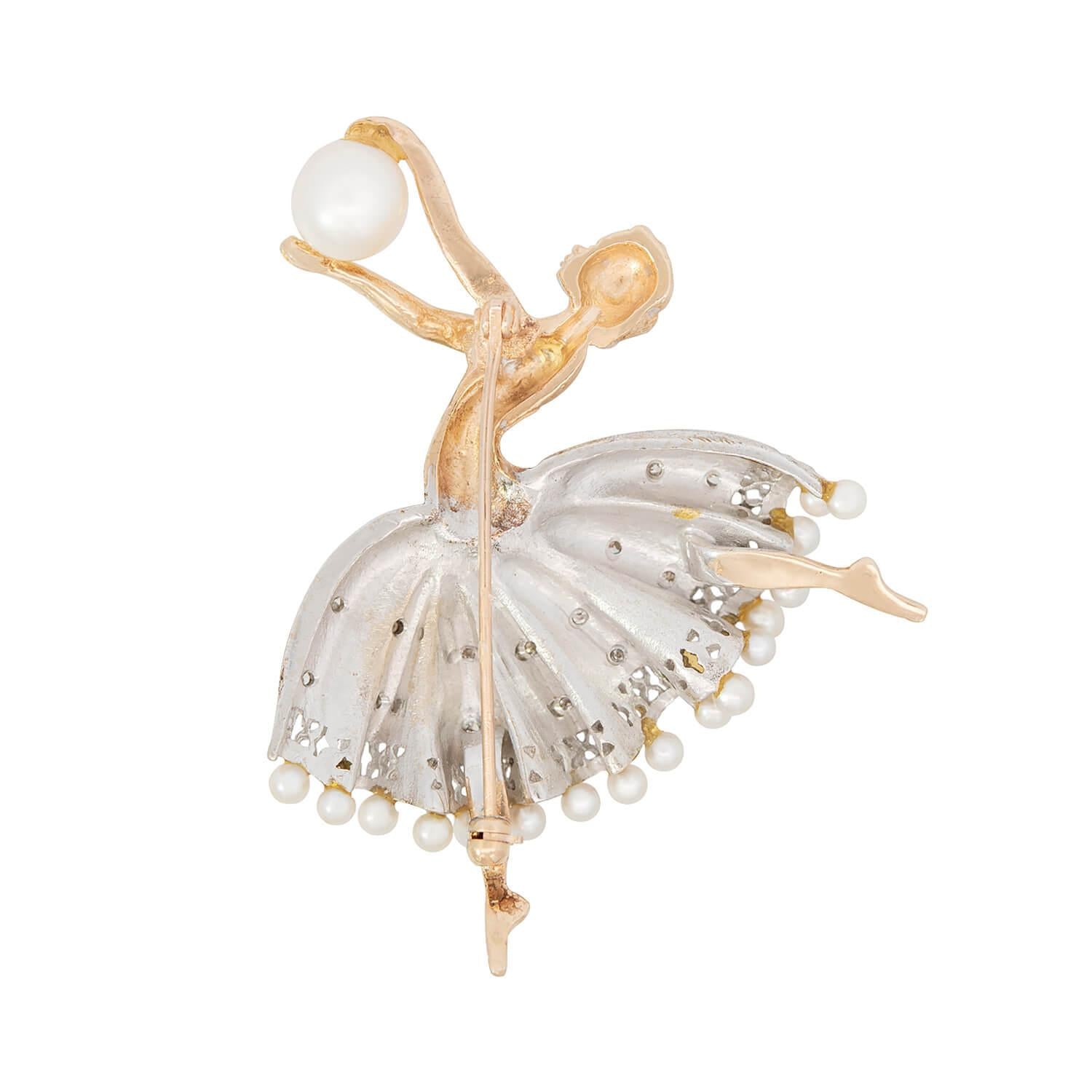14K Gold Retro Ballerina Pin with Diamonds & Pearl - Elegant White & Yellow Gold Jewelry for Women - Perfect Gift for Dancers, Ballet Lovers & Special Occasions