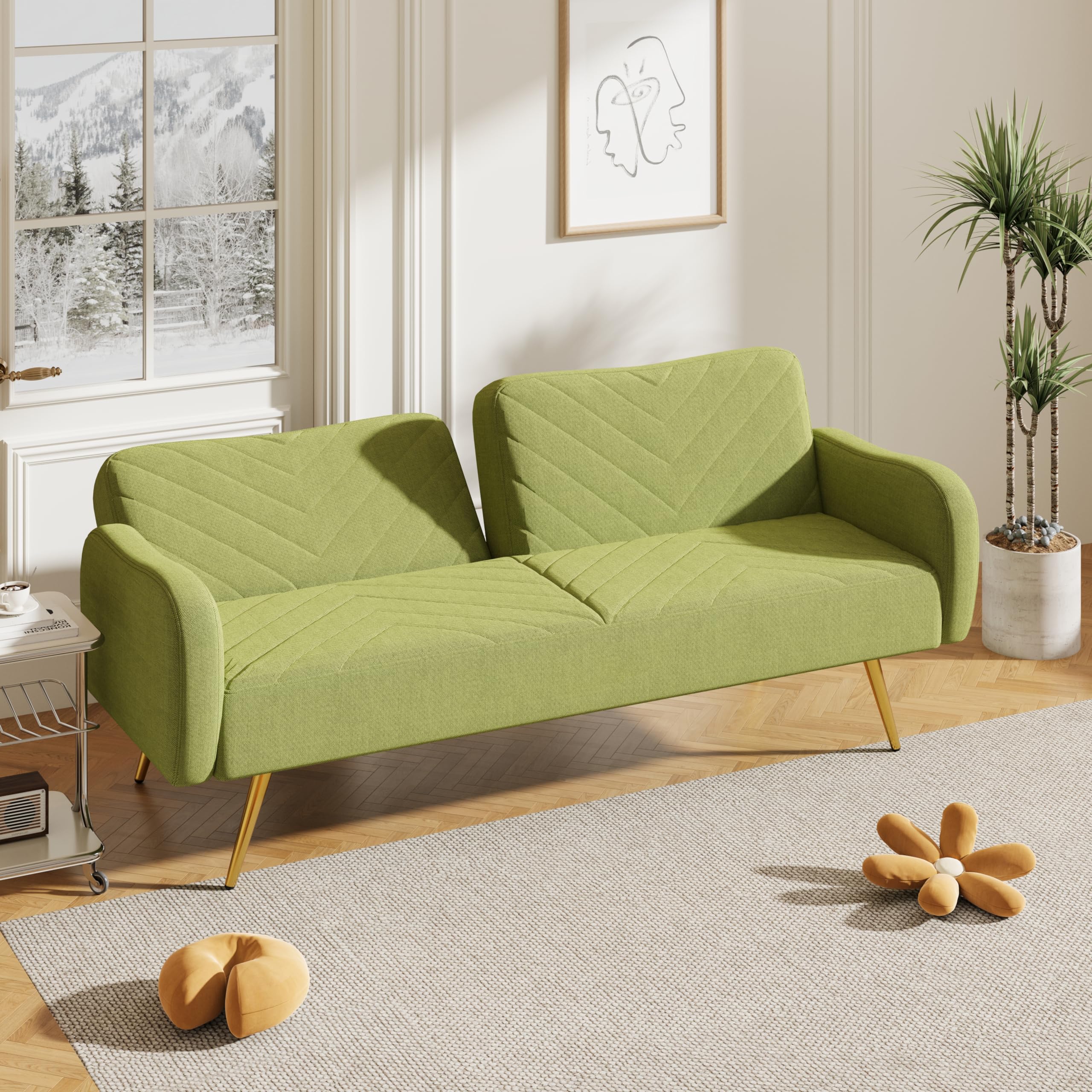 P PURLOVE Modern Convertible Sofa Bed with Adjustable Backrest & Armrests - 2 Throw Pillows Included - Upholstered Sleeper Sofa for Living Room, Bedroom, Office (Green) - Perfect for Small Spaces, Guest Rooms & Studio Apartments