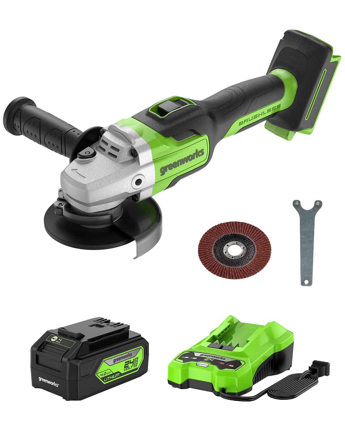 Greenworks 24V Brushless Cordless Angle Grinder with 4Ah Battery & USB Power Bank - Perfect for DIY Projects, Metal Cutting, and Woodworking