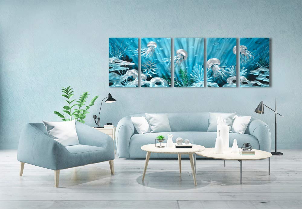 Yihui Arts Blue Deep Sea Metal Wall Art - Large 3D Jellyfish Ocean Design Metal Wall Decor for Living Room, Bedroom, Office (5-Panel Modern Contemporary Wall Sculpture)