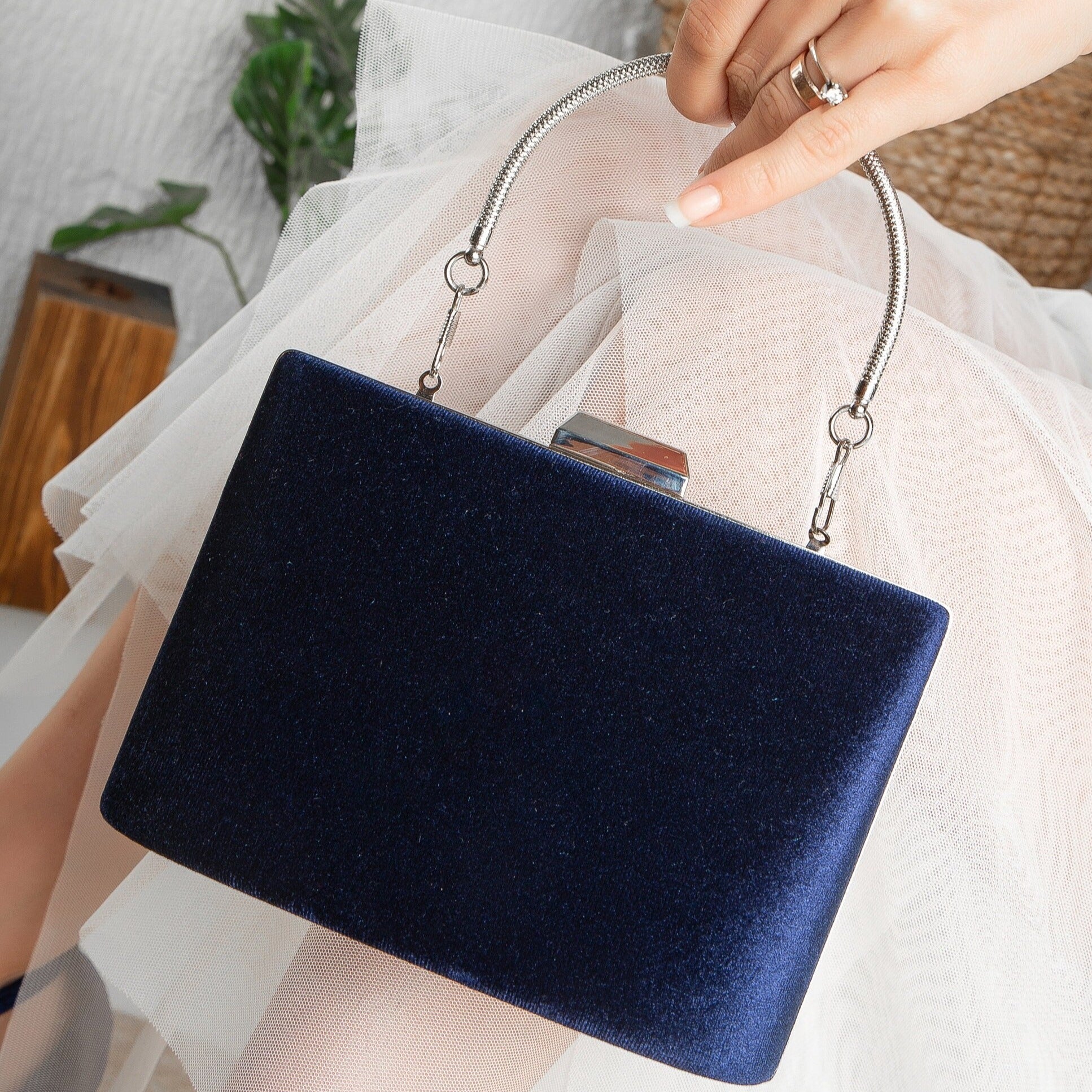 Alba Blue Velvet Clutch Bag for Women - Elegant Evening Purse with Wristlet Strap - Perfect for Parties, Weddings & Special Occasions