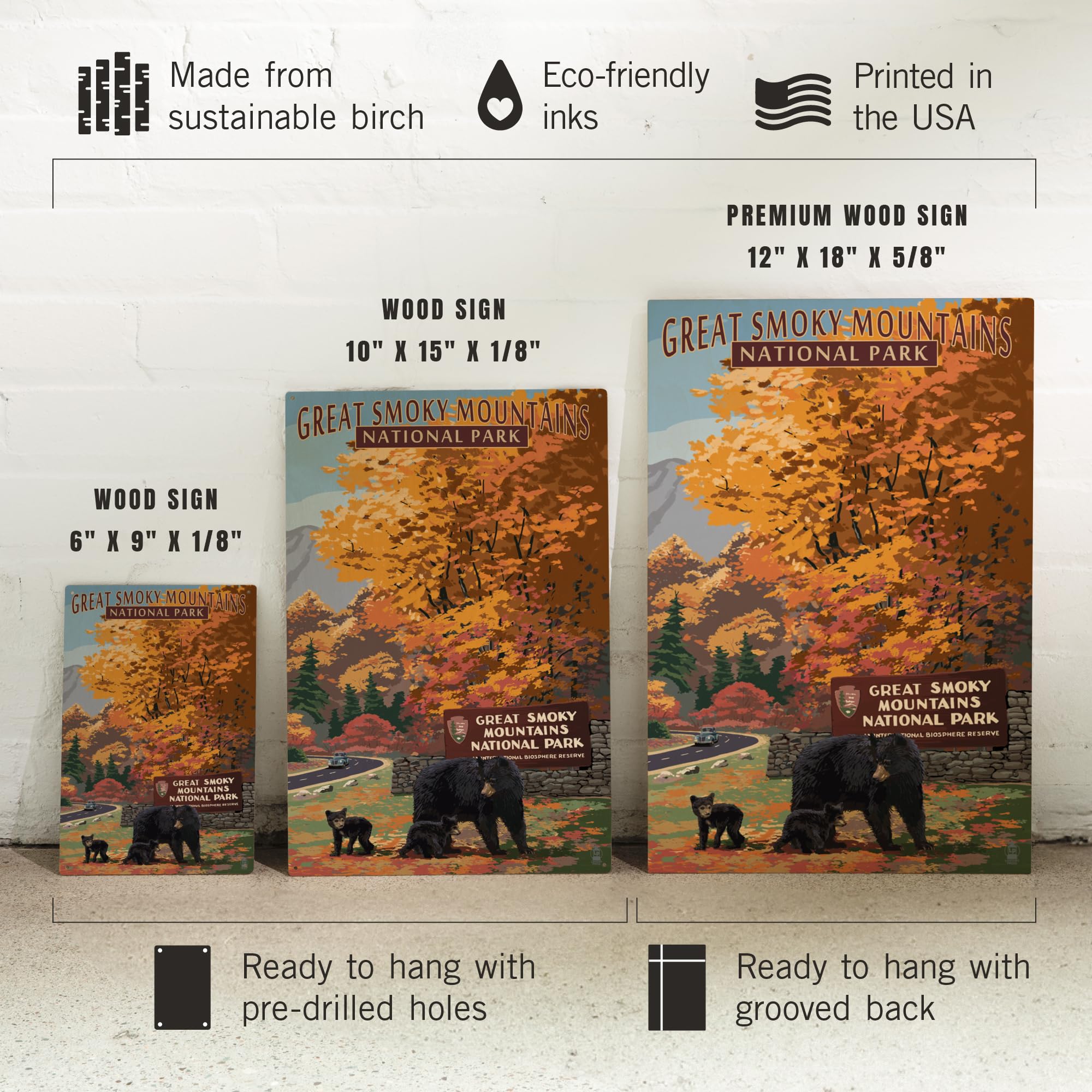 Lantern Press 10x15 Inch Wood Wall Sign - Ready to Hang Smoky Mountains National Park Decor with Bear Family Design - Perfect for Cabin, Living Room, or Outdoor Patio Decor