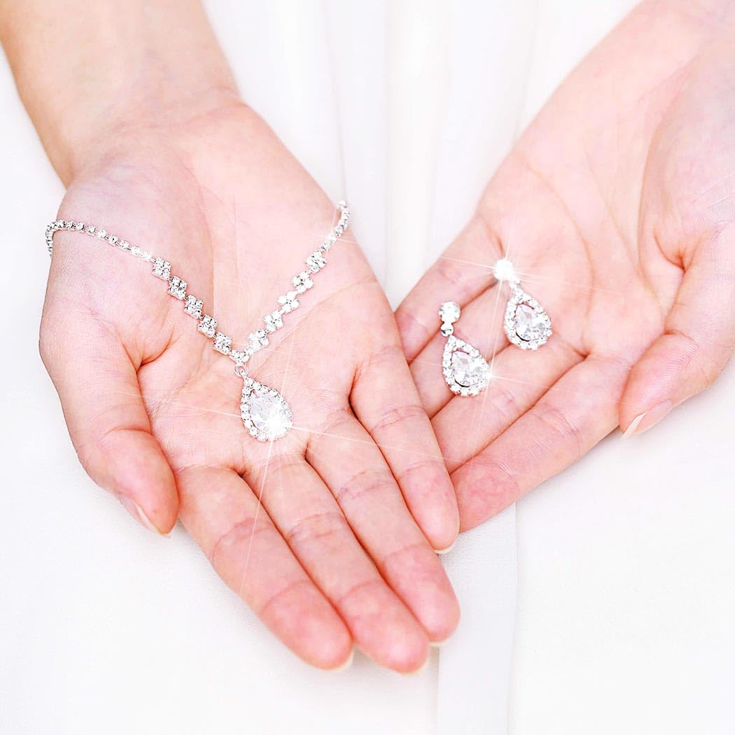 Yean Bride Sterling Silver Bridal Necklace & Earrings Set - Crystal Wedding Jewelry with Rhinestone Choker for Women & Girls (3-Piece Set) - Perfect for Weddings, Prom, Anniversary & Special Occasions