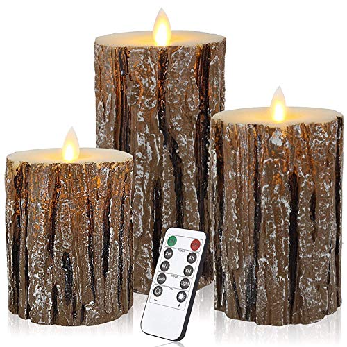 Real Wax Flameless LED Candles - Cedar Bark Dripless Pillar Candles with Realistic Flickering Flame, 10-Key Remote & 24H Timer (400+ Hours) - Perfect for Home Decor, Weddings, Relaxation & Holiday Lighting (3-Pack)