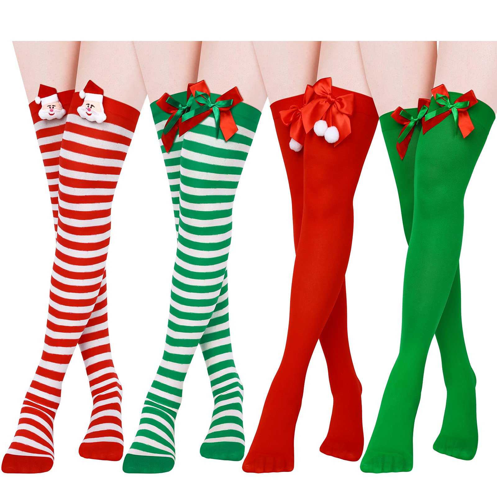 SATINIOR 4 Pairs Christmas Thigh High Socks - Striped Over Knee Stockings for Women, Red & White Holiday Socks for Halloween & Cosplay - Perfect for Christmas Parties, Gift Exchanges & Festive Outfits