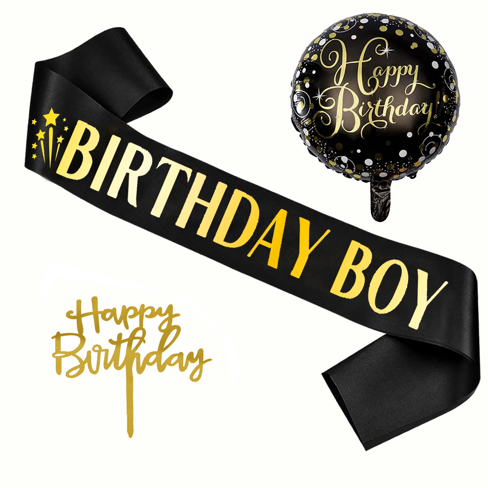 3 Pack Black Birthday Boy Sash with Gold Cake Topper & Balloons - Boys Birthday Party Decorations, Favors & Supplies for Birthday Celebrations, Cake Decor & Photo Props