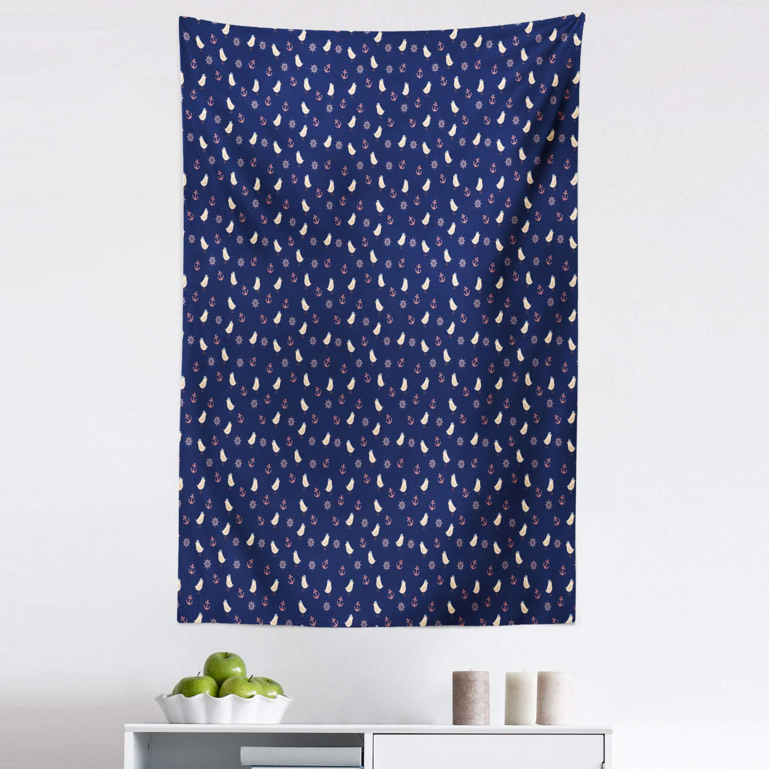 Ambesonne Blue Nautical Tapestry Wall Art - Ocean Theme with Birds in Marine Hats, Steering Wheel & Anchor Design - 30
