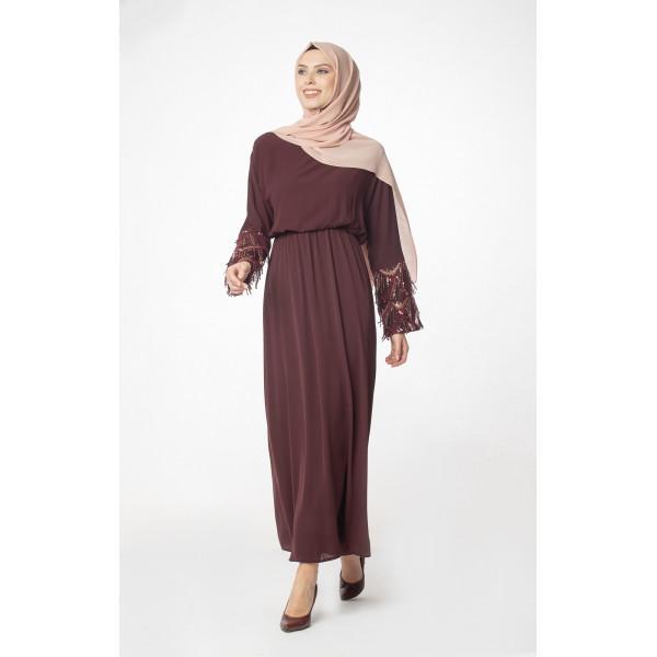 Elegant Burgundy Sequined Party Dress for Women - Abaci Modest Formal Gown 12956 - Perfect for Evening Events, Weddings & Special Occasions