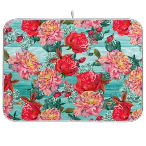 Wood Teal Red Flowers