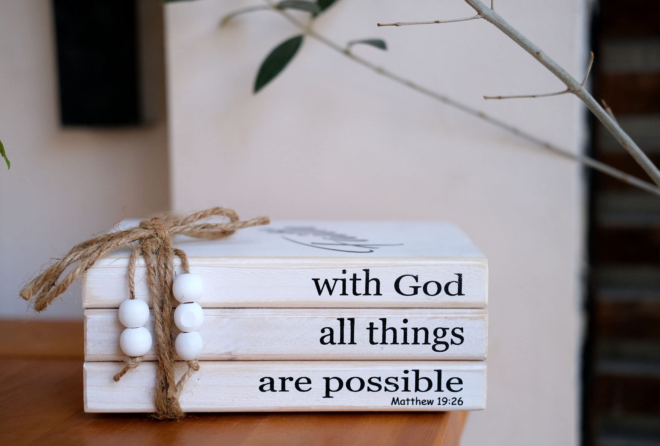 LIVDUCOT Farmhouse Wooden Decor Book Stack - Rustic Faux Book Stacks for Modern Home Decor | Coffee Table & Bookshelf Decoration | With 'With God All Things Are Possible' Sign - Perfect for Living Room, Office & Gift Giving