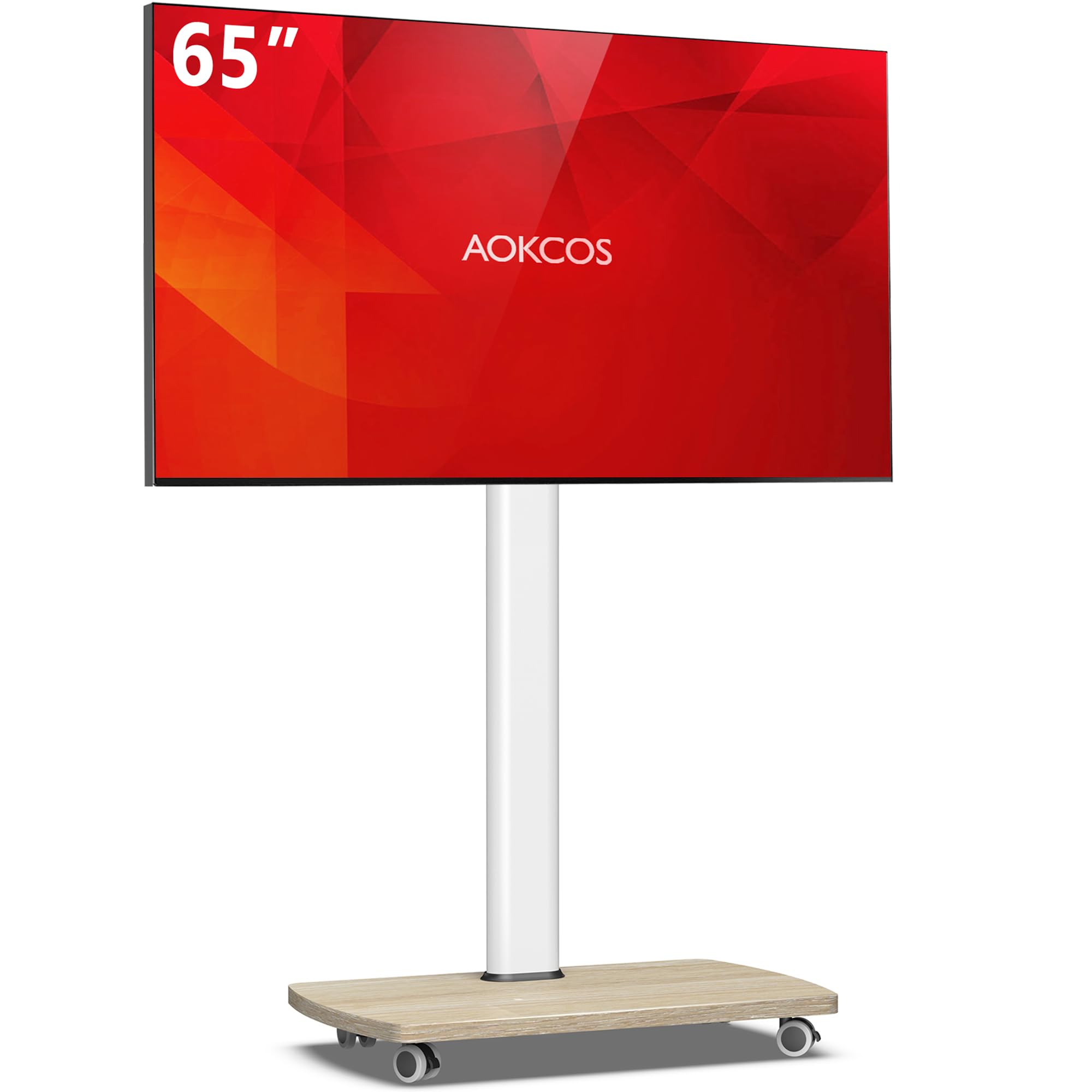 Portable Rolling TV Stand with Wheels for 32-65 Inch TVs - 8-Level Height Adjustable, 12° Tilt & 60° Swivel - Supports up to 88Lbs - White - Perfect for Living Rooms, Bedrooms, and Outdoor Spaces
