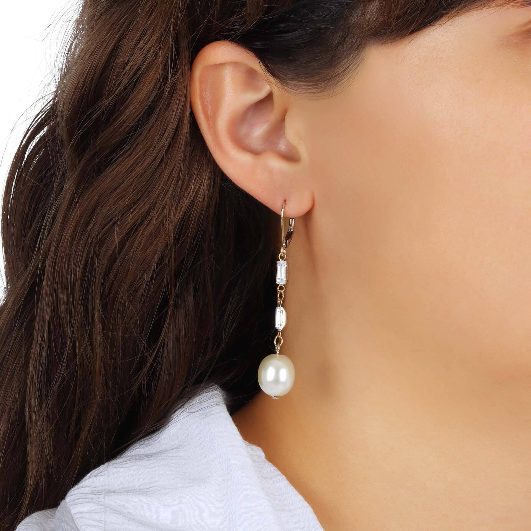 1928 Jewelry Bridal Bliss Faux Pearl & Baguette Crystal Linear Drop Earrings - Elegant Wedding & Evening Party Accessories for Women