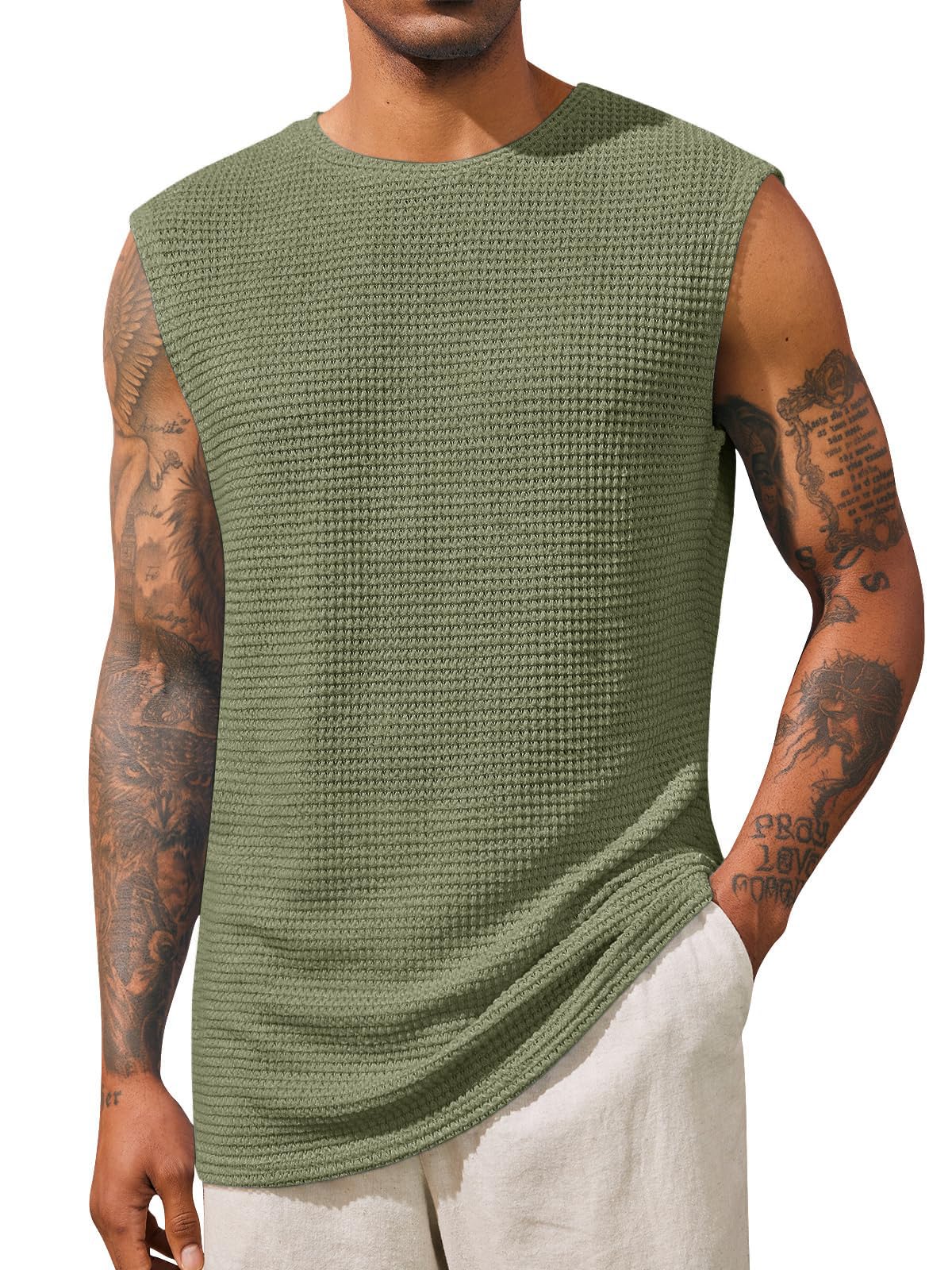 Runcati Men's Waffle Knit Tank Tops - Breathable Sleeveless Athletic Shirts for Gym, Summer & Beach - Casual Muscle Fit Hippie Style T-Shirts