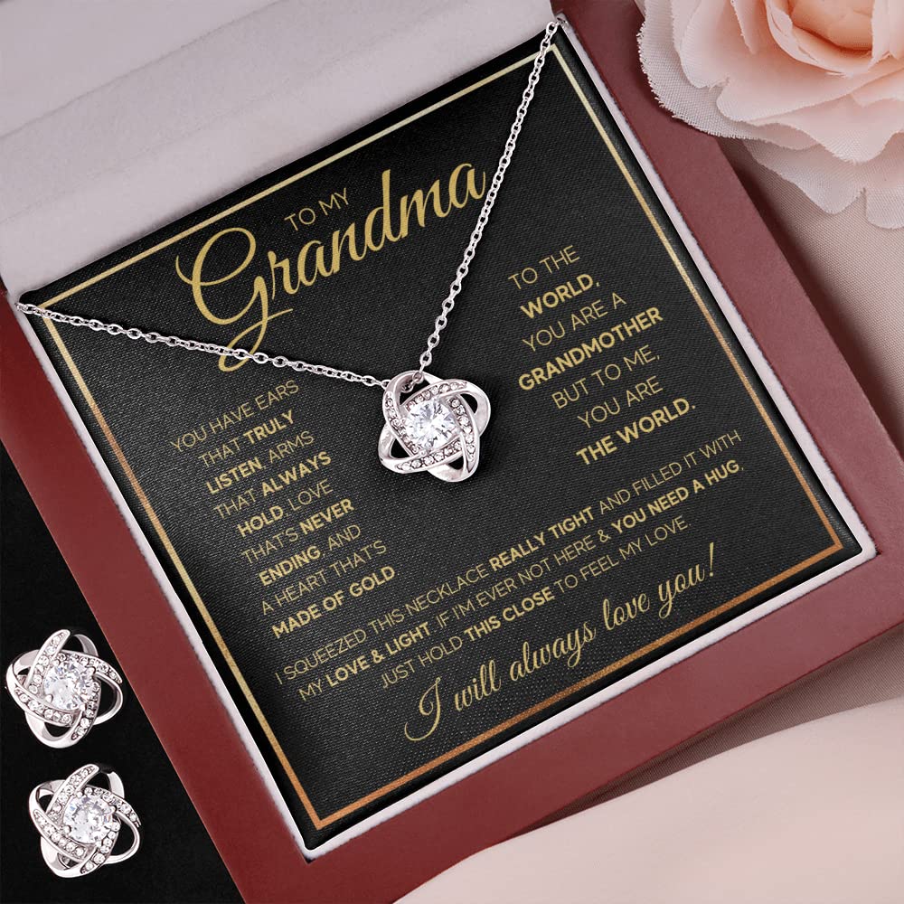 Personalized Grandma Necklace Gift - Engraved Pendant Jewelry with Message Card & Gift Box for Mother's Day, Christmas, Birthday from Granddaughter/Grandson | Elegant Gold Knot Design & LED Box (Perfect for Nana, Nona, or Grandma - Ideal for Special Occasions & Heartfelt Moments)