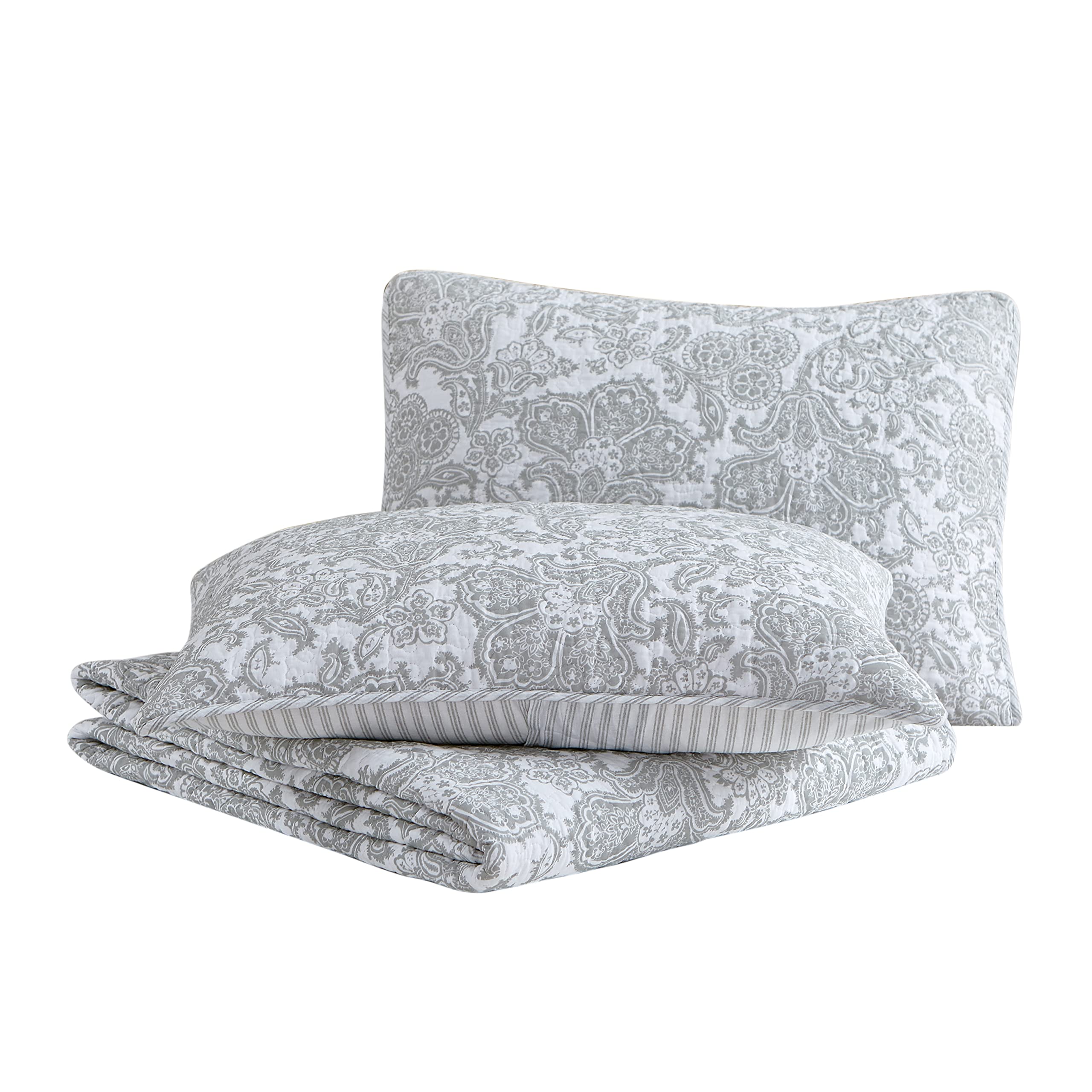Reversible Cotton Quilt Set with Matching Sham - Lightweight All-Season Bedding for Twin Beds - Island Memory Grey - Perfect for Guest Rooms, Dorms & Cozy Bedroom Decor