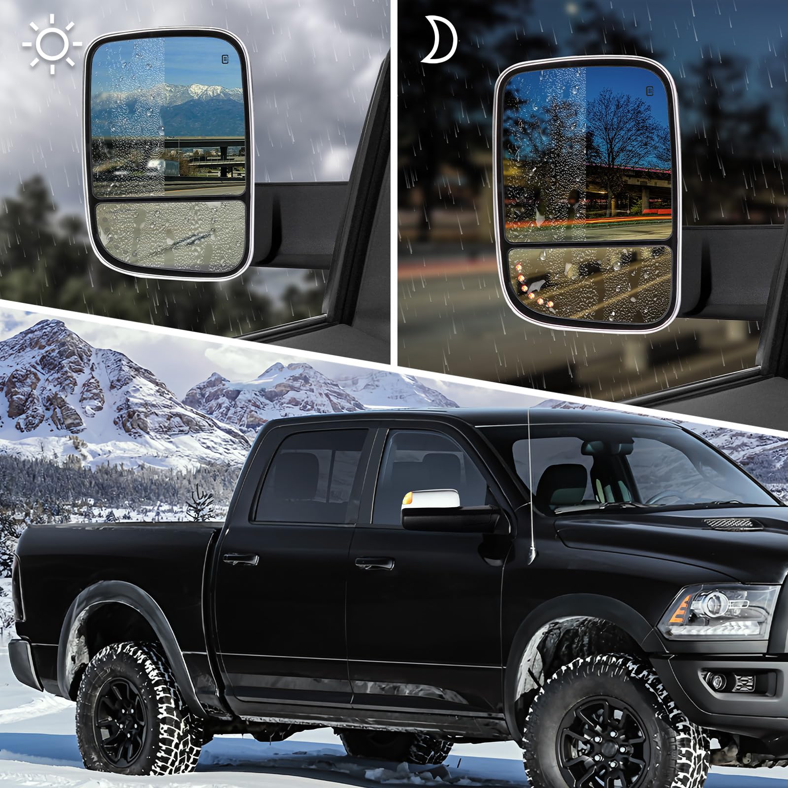Heated Power-Adjustable Towing Mirrors for Dodge Ram 1500/2500/3500 (2009-2018) - LED Turn Signal, Puddle Lamp & Temp Sensor - Chrome Back - Perfect for Towing, Off-Roading & Night Driving