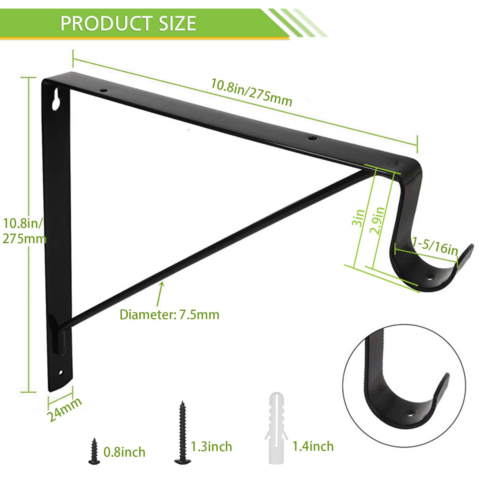 2 Pack Heavy Duty Closet Rod Brackets - Black Shelf & Rod Support for 1-3/8” Diameter Rods (10.8” x 10.8”) - Perfect for Closet Organization, Wardrobe Storage & Home Improvement Projects