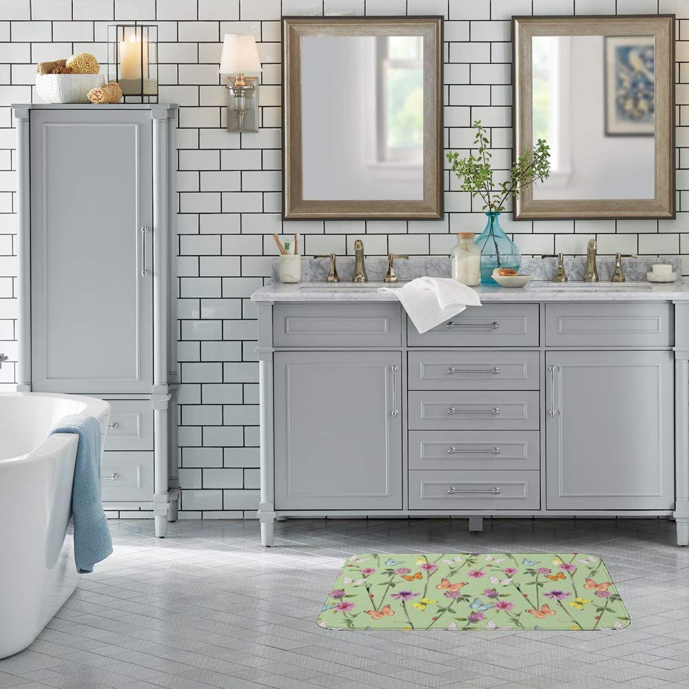 Non-Slip Memory Foam Bath Mat - Soft Rubber Back, Fast Drying, Machine Washable - 36 x 24 Inch Ladybug Meadow Flowers Design - Perfect for Hotel & Home Bathroom Decor