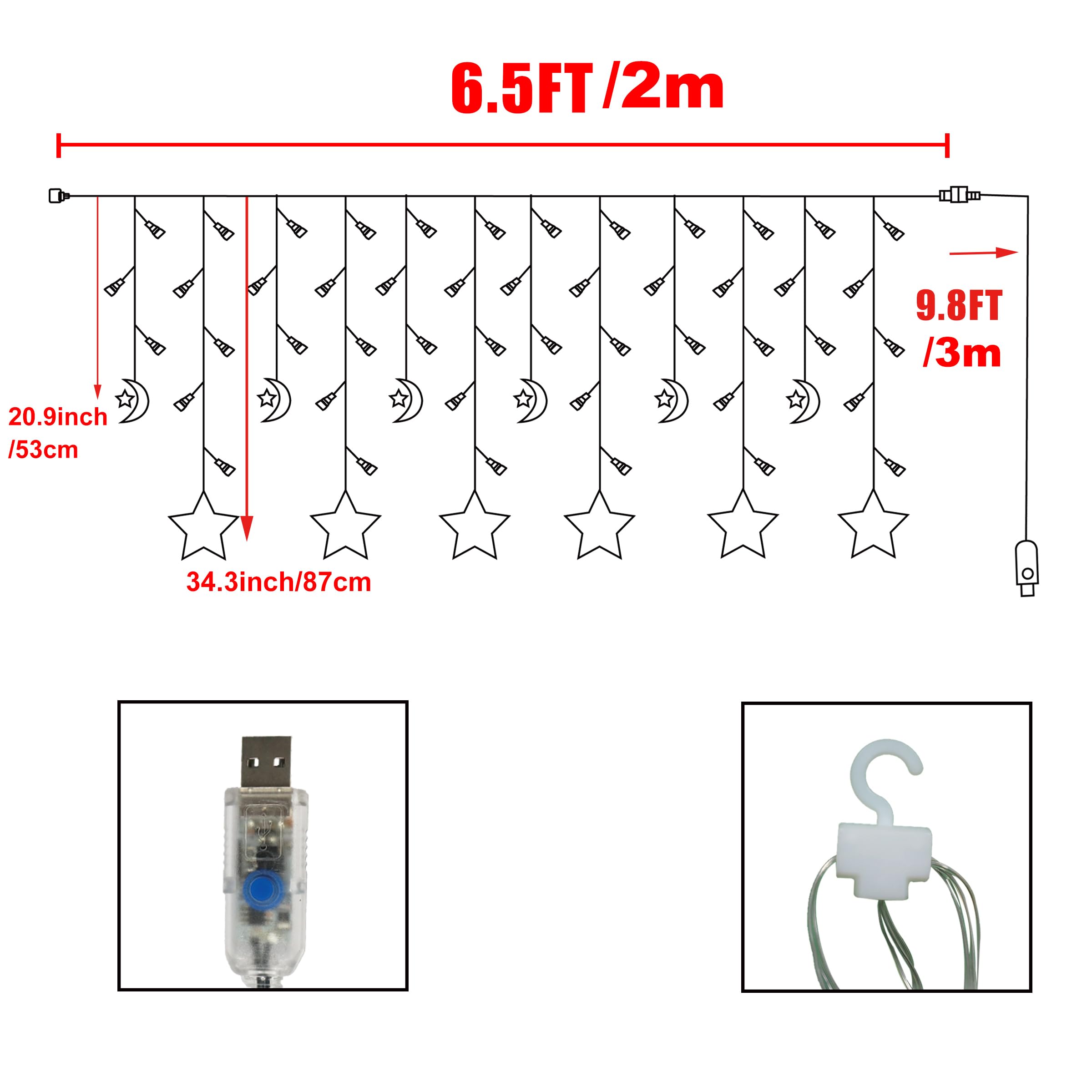 138 LED Curtain String Lights - Star Moon Icicle Fairy Lights with 8 Lighting Modes, Timer & USB Power, Dimmable for Window Wall Decor - Perfect for Bedroom, Wedding, Party & Outdoor Decoration (Warm White Crescent Moon)