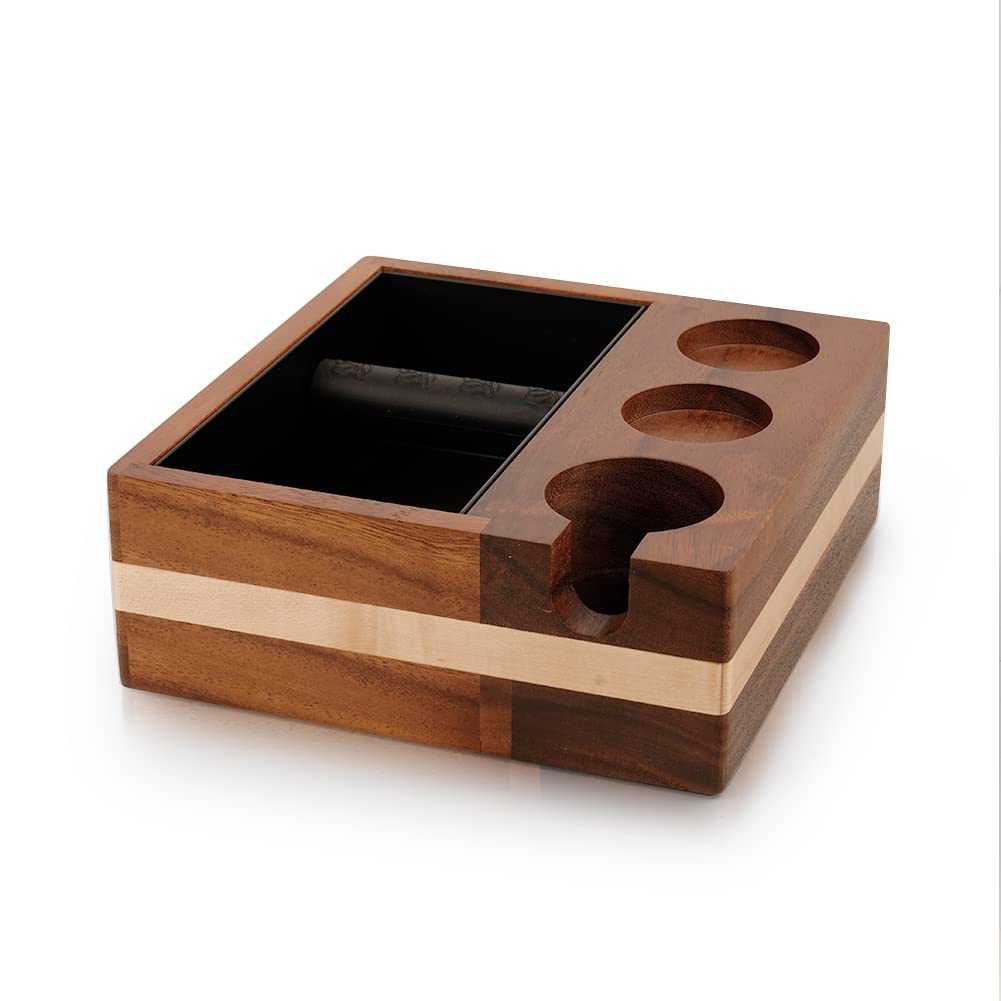 Watchget 4-in-1 Espresso Knock Box - Compatible with 51/54mm Portafilters, Includes Tamper Stand & Coffee Distributor Holder, Anti-Slip Walnut Tamping Station - Perfect for Home Baristas & Coffee Shops (Coffee Brewing Accessories)