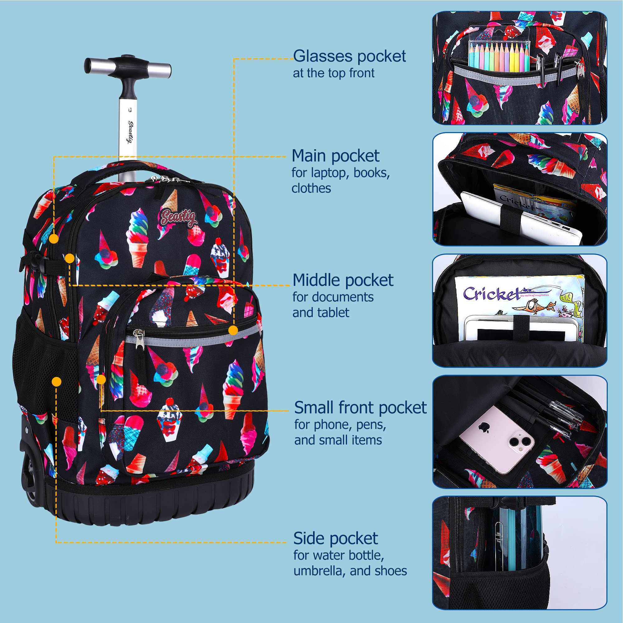 Seastig 18in Rolling Backpack with Wheels - Wheeled Carry-On Laptop Backpack for Adults & Kids, School Travel, Business Trips & Airplane Use
