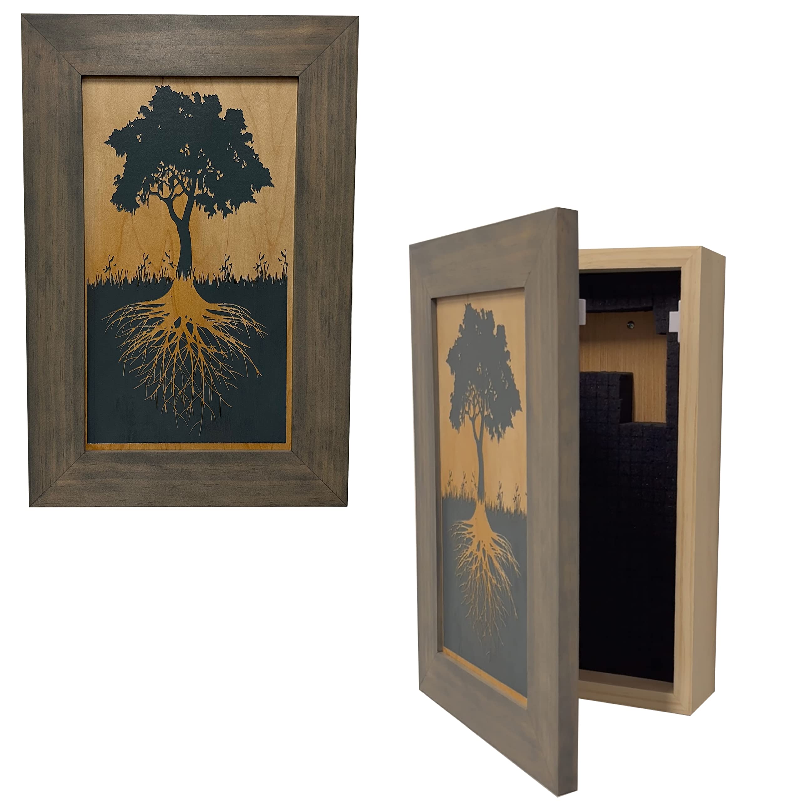 Bellewood Designs Hidden Gun Storage Cabinet with Tree of Life - Concealed Firearm Safe for Home & Office Security (Gray)