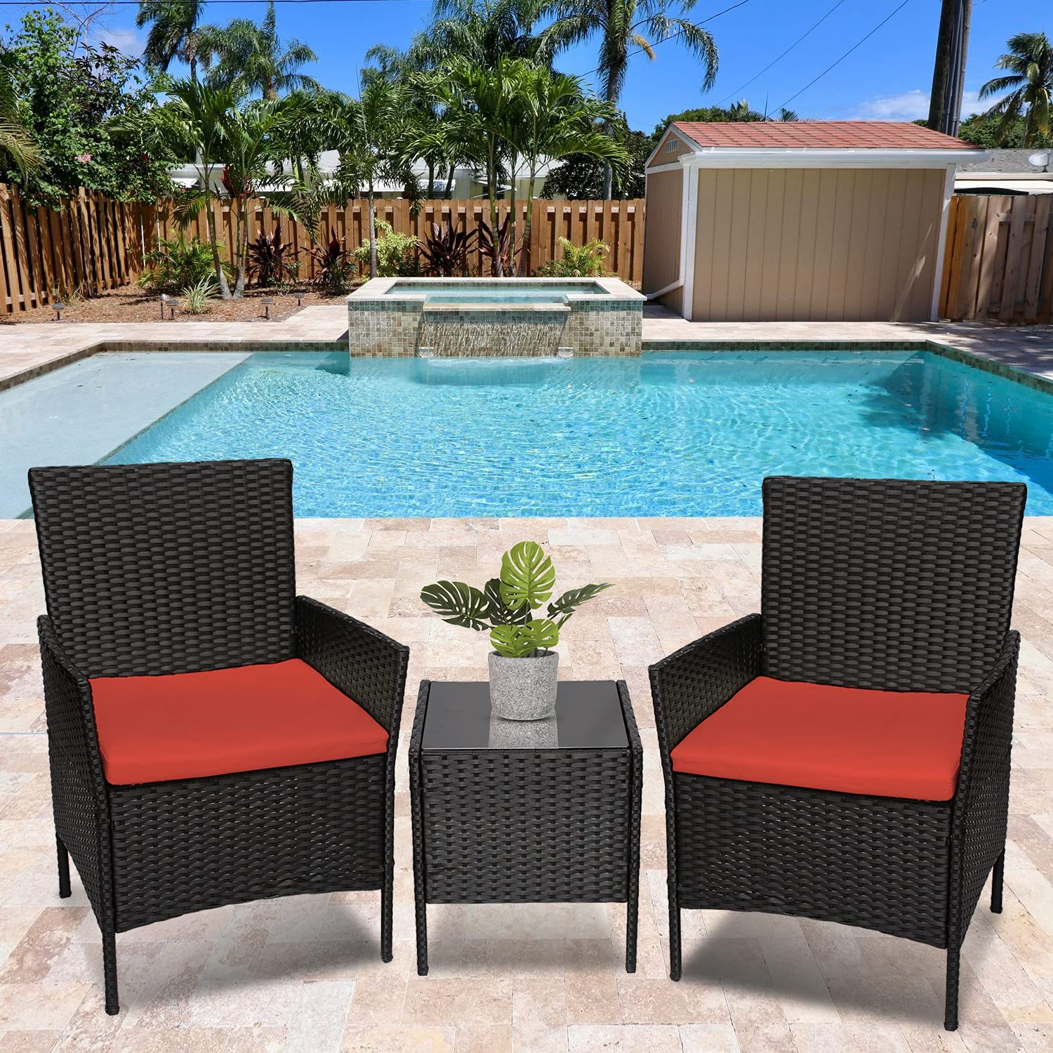 Premium 3-Piece Rattan Wicker Patio Furniture Set - Outdoor Garden Chairs with Coffee Table for Balcony, Porch, Backyard & Poolside Lounge (Black/Rust) - Perfect for Relaxing, Entertaining & Outdoor Dining