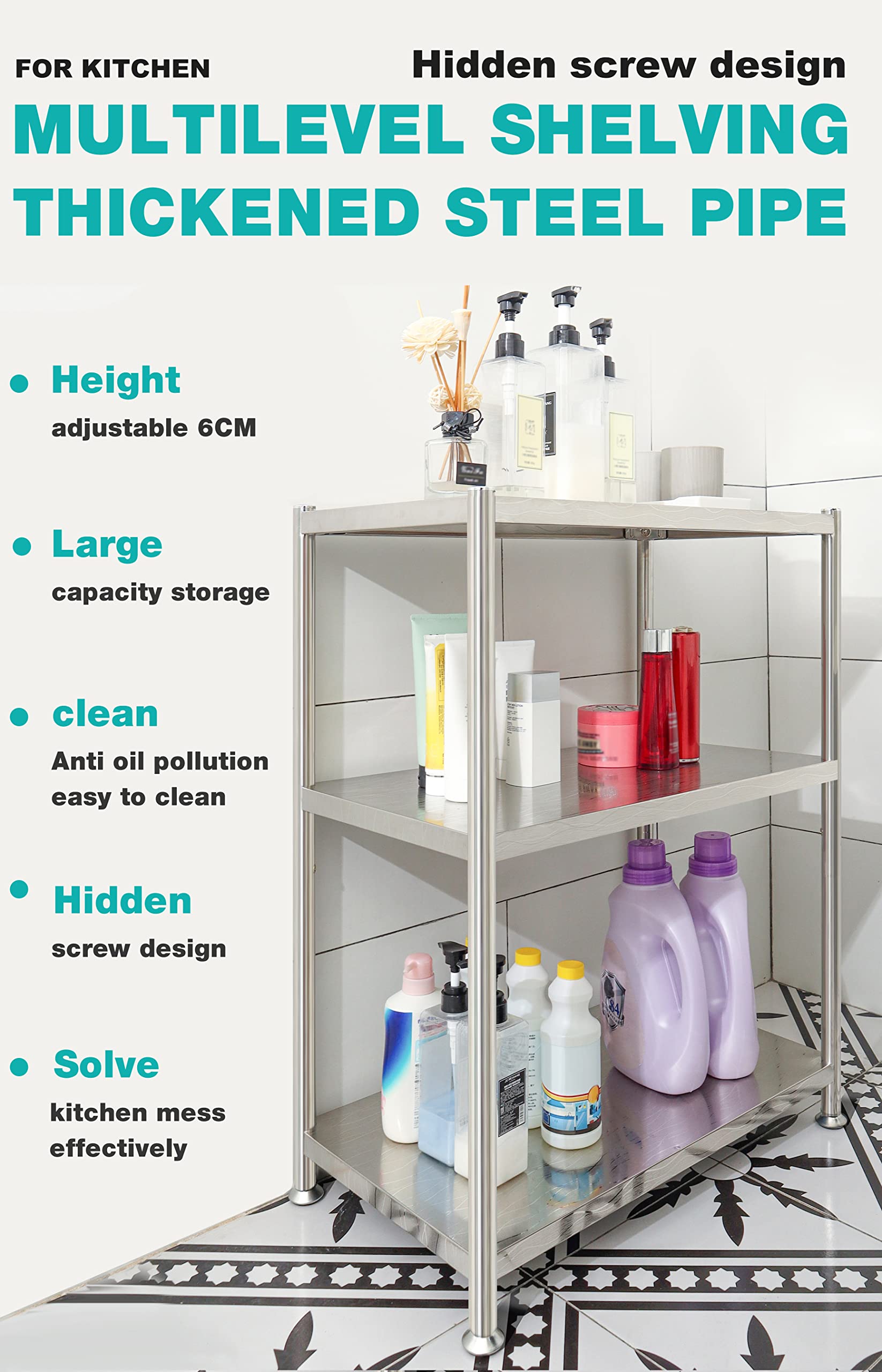 Stainless Steel Shelves 23.6 Inch 4-Tier Kitchen Storage Shelf Organizer - Heavy Duty, Waterproof, Artistic Texture for Pantry, Garage, Bathroom & Commercial Use