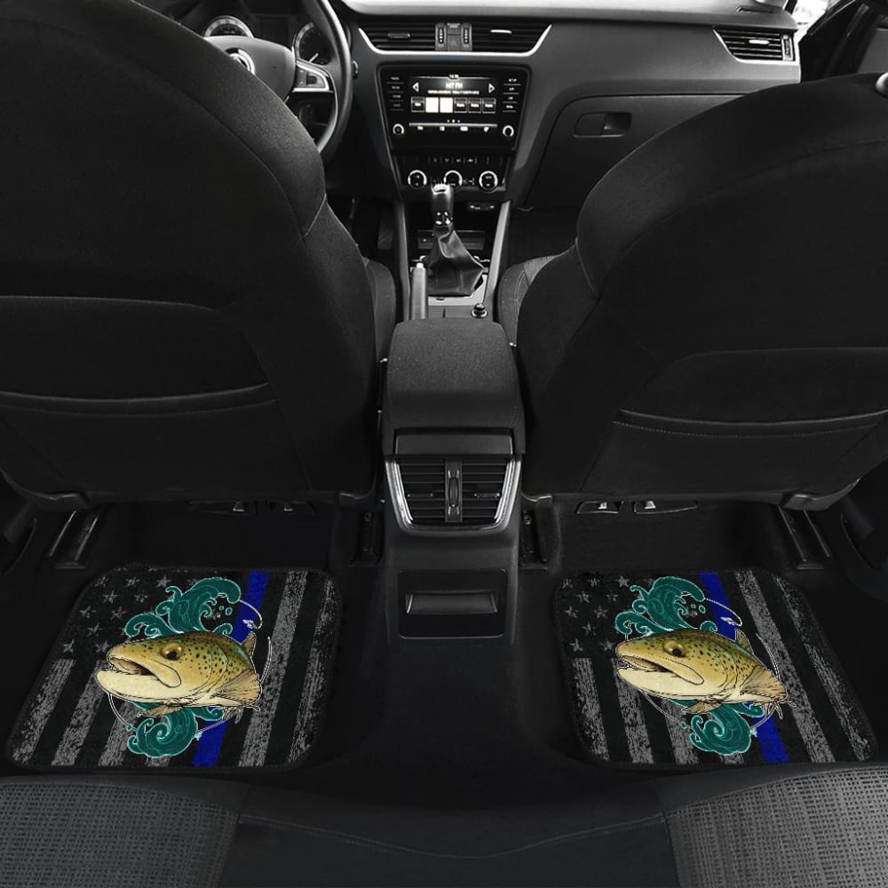 Premium Brook Trout Fishing & Thin Blue Line American Flag Car Floor Mats - All-Weather Protection for Trucks, SUVs & Vehicles - Perfect for Outdoor Enthusiasts & First Responders