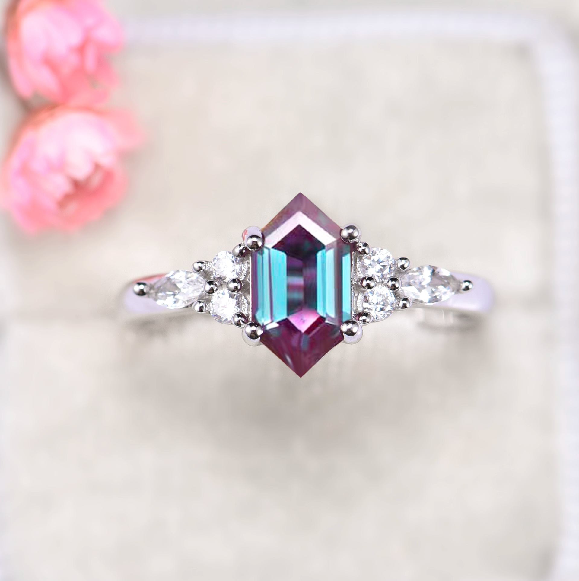 Sonnet Hexagon Teal & Purple Alexandrite Ring - Sterling Silver Jewelry for Women | Elegant Gift for Anniversary, Birthday & Special Occasions
