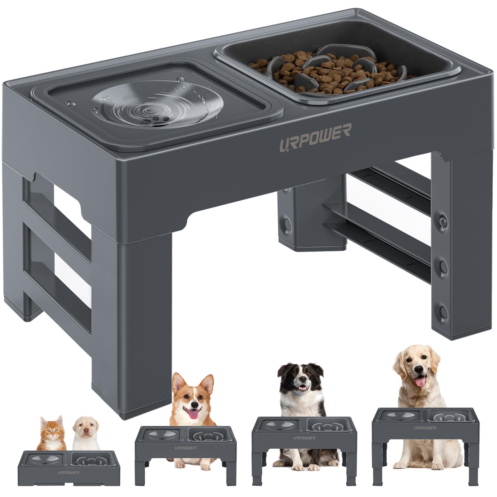 URPOWER 2-in-1 Elevated Slow Feeder Dog Bowl with No Spill Water Bowl - 4 Height Adjustable Raised Pet Feeder for Small, Medium & Large Dogs, Cats - Anti-Choking & Digestion Aid for Fast Eaters - Perfect for Home, Travel & Outdoor Use