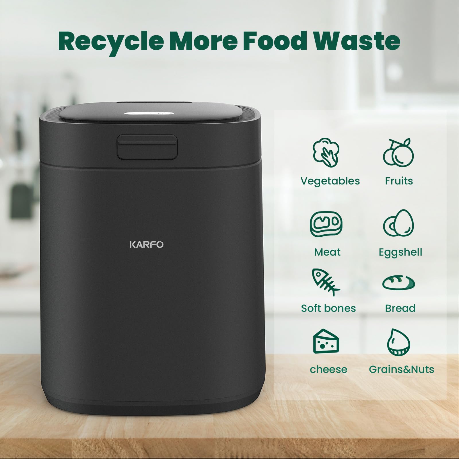 Karfo Electric Kitchen Composter - Smart Indoor/Outdoor Compost Bin with Odorless Single-Button Operation, Converts Food Waste to Organic Fertilizer for Plants | Perfect for Eco-Friendly Homes, Gardens & Sustainable Living (Black)