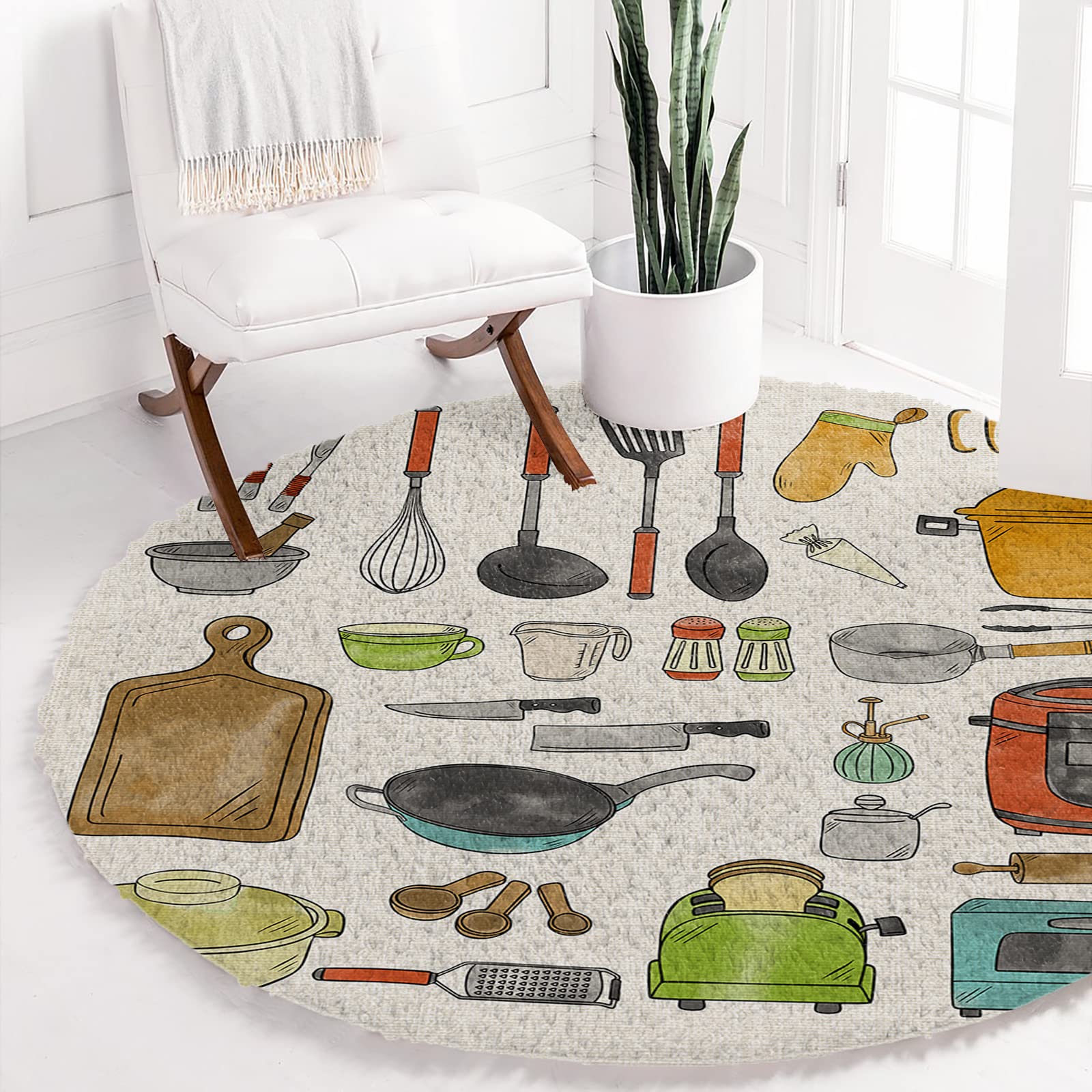 39in Soft Fluffy Round Area Rug - Cartoon Cooking Utensils Design, Washable Non-Slip Shaggy Carpet for Bedroom, Living Room & Kids Nursery - Vintage Linen Back, Cozy Home Decor (Perfect for Playrooms, Dorm Rooms & Cozy Reading Nooks)