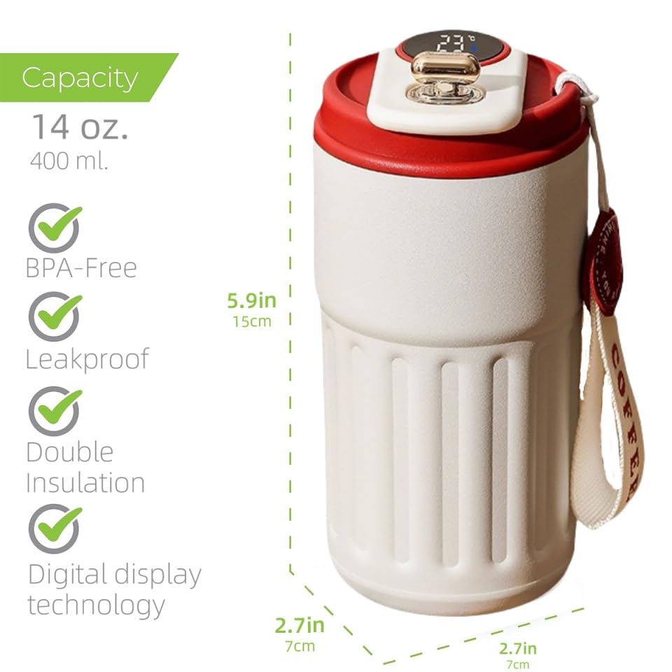 Premium Stainless Steel Vacuum Insulated Travel Coffee Mug - 12oz (370ml) Leak-Proof Double Wall Thermos Tumbler for Hot & Cold Drinks - Smart Red - Perfect for Office, Commuting, Camping & Outdoor Activities