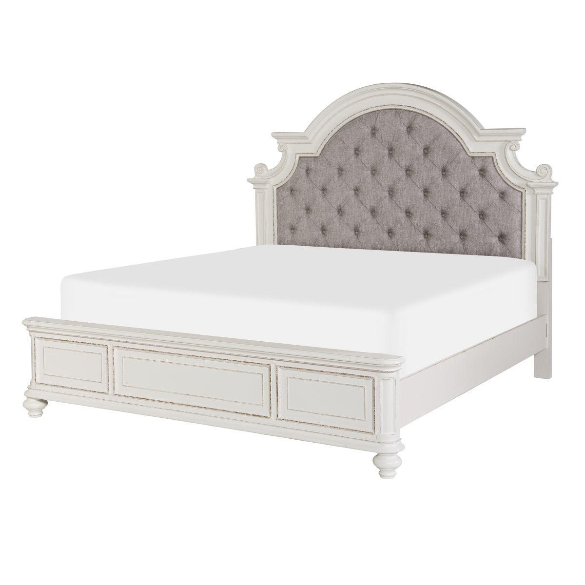 Antique White King Size Bed with Tufted Upholstered Headboard - Luxurious Bedroom Furniture for Master Suite & Guest Room Decor