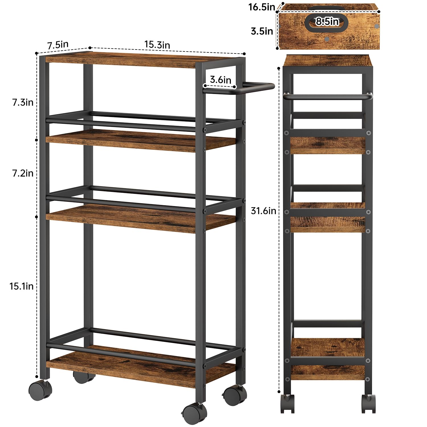 4-Tier Slim Rolling Storage Cart with Wheels & Handle - Narrow Metal Frame Organizer for Kitchen, Bathroom, Office - Perfect for Small Spaces, Laundry Room & Dining Room Storage Solutions