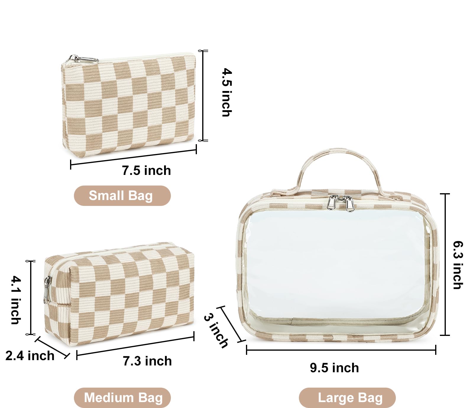 Bluboon 3-Piece Clear Makeup Toiletry Bag Set for Women - Waterproof Travel Cosmetic Organizer with Zipper, Corduroy Checkered Design - Perfect for Airplane Carry-on, Gym Essentials & Vacation Packing Cubes