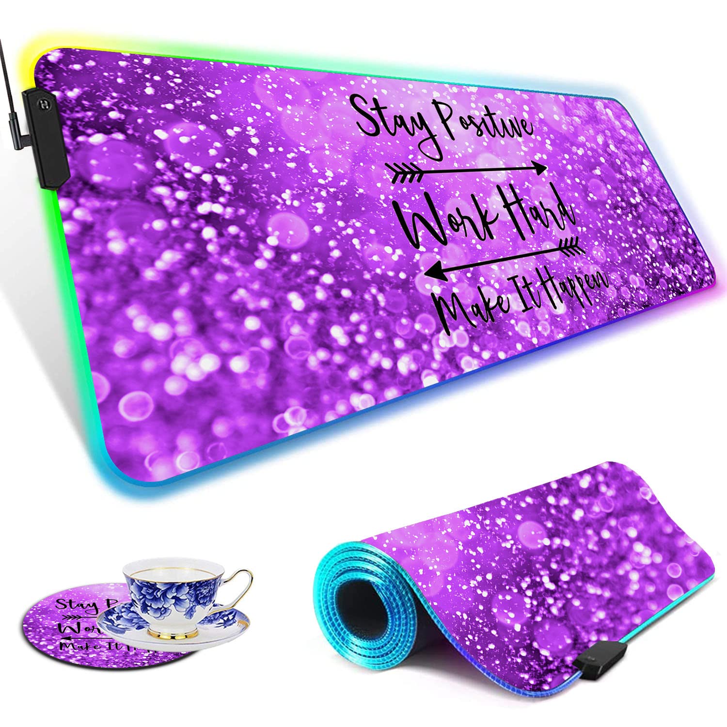 RGB LED Gaming Mouse Pad - Large Non-Slip Desk Mat with Optical Waterproof Surface for PC Gamers | Perfect for Esports, Office Work & Home Computer Setup (Purple)