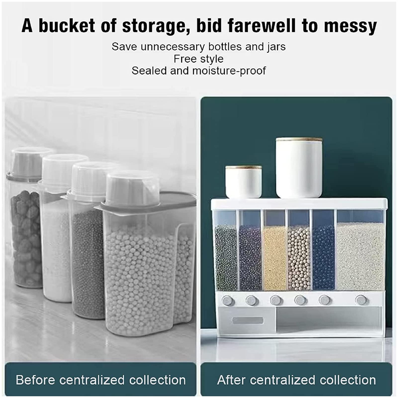 6-in-1 Wall Mounted Dry Food Dispenser - Plastic Rice Bucket with Lid for Grains, Beans & Cereals | Moisture Proof Kitchen Storage Solution for Pantry Organization & Space Saving