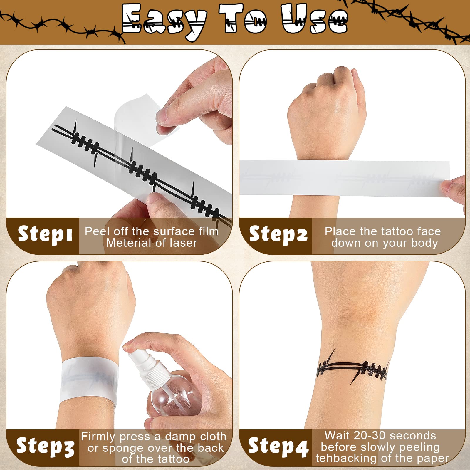 20 Pcs Barbed Wire Temporary Tattoos - Fake Removable Arm Stickers for Men, Women & Kids - Halloween Costume & Body Art Supplies - Perfect for Parties, Cosplay and Festivals