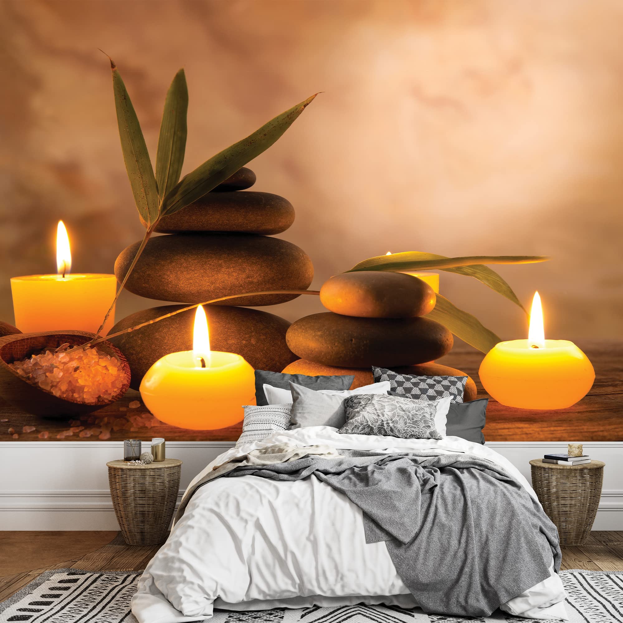 Wall26 Zen Wall Mural - Rocks Surrounded by Candles & Branches, Removable Peel & Stick Wallpaper, Home Decor (100x144 inches) - Perfect for Meditation Rooms, Yoga Studios & Spa Decor