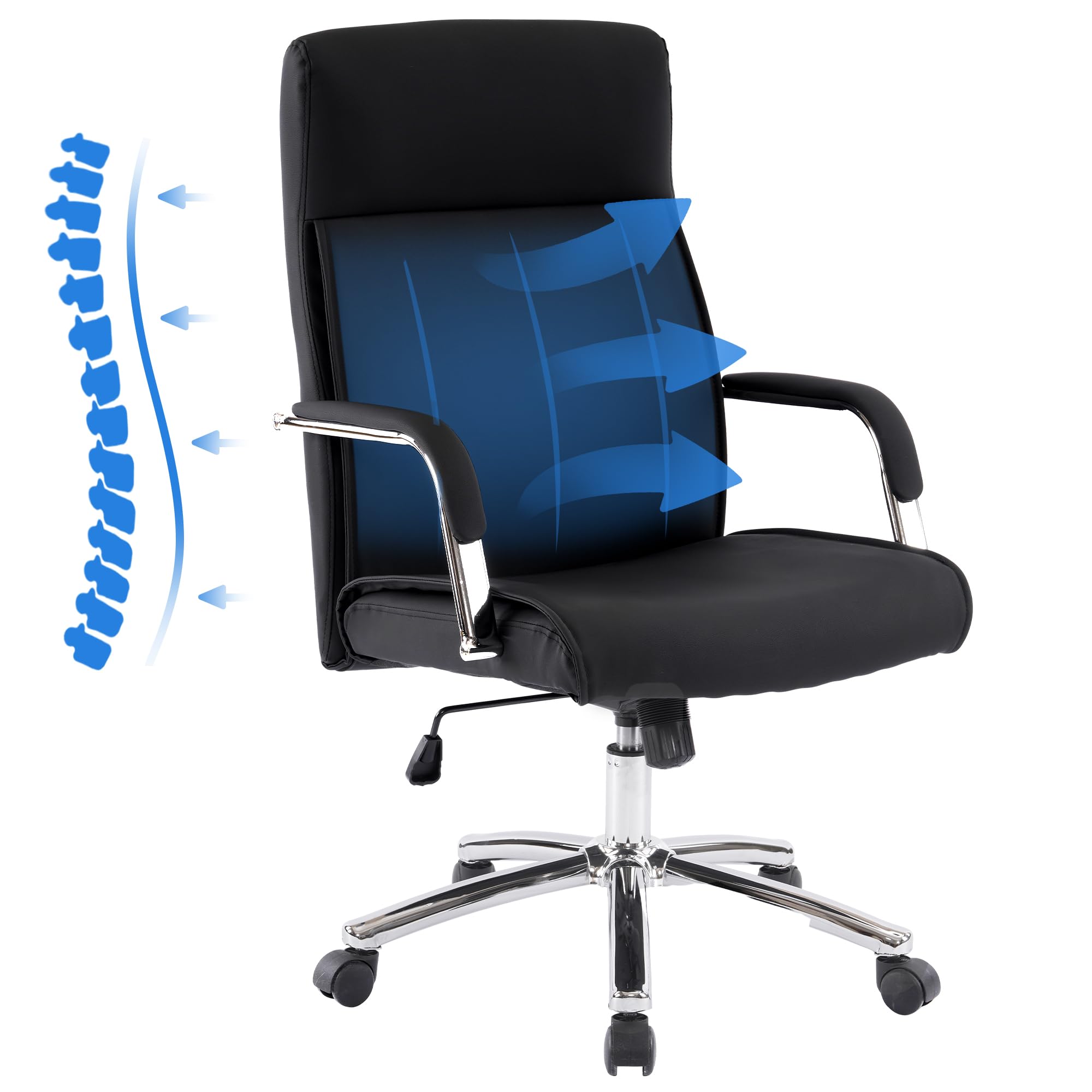 Ergonomic High Back Executive Office Chair with Adjustable Height, Lumbar Support & Rocking Function - Faux Leather Managerial Desk Chair for Home & Office (Black) - Perfect for Long Work Hours, Gaming & Conference Rooms
